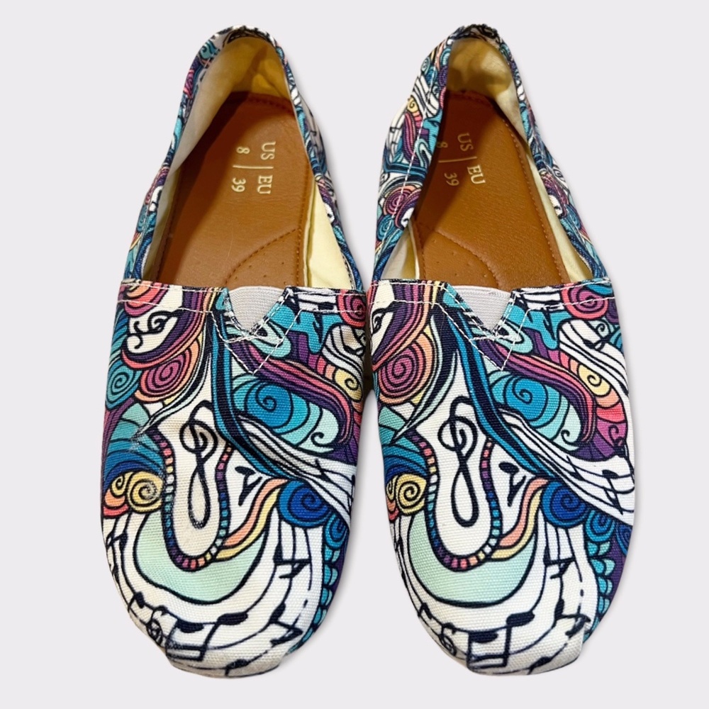 Music Score Notes & Swirls Multicolor Canvas Printed Loafer Flats Size 8